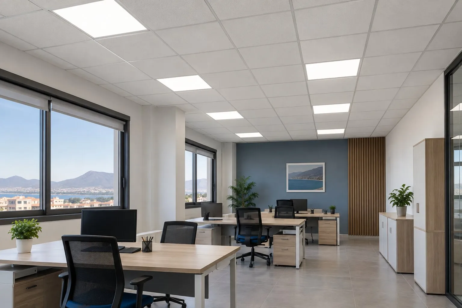 Bureau, plafond Armstrong 60×60 et dalles LED