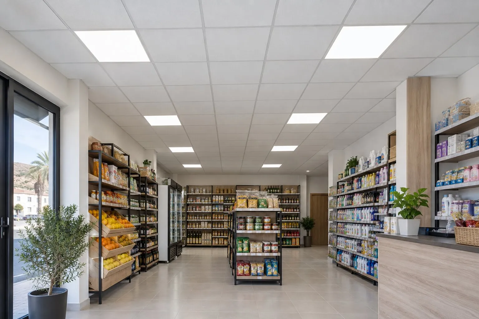 Commerce, plafond Armstrong 60×60 sur ossature apparente