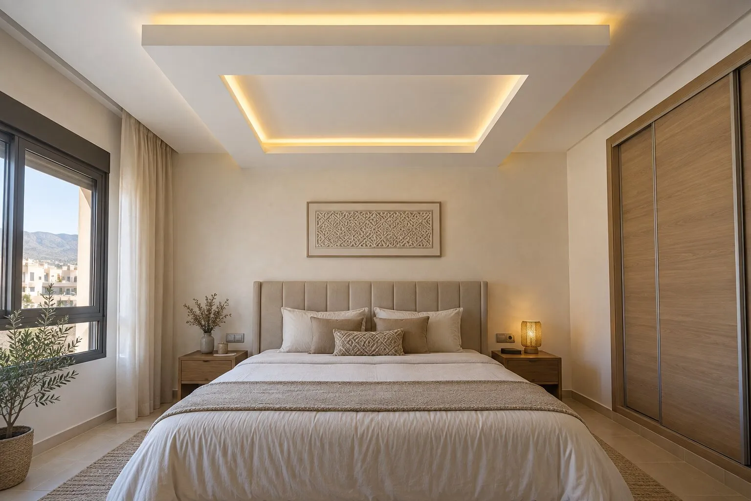 Chambre, cadre BA13 suspendu avec ruban LED caché
