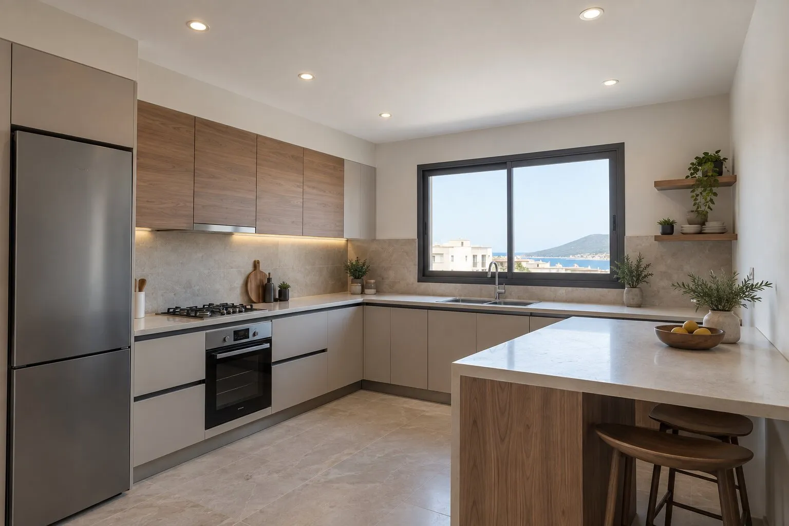 Cuisine, faux plafond BA13 plat et spots encastrés
