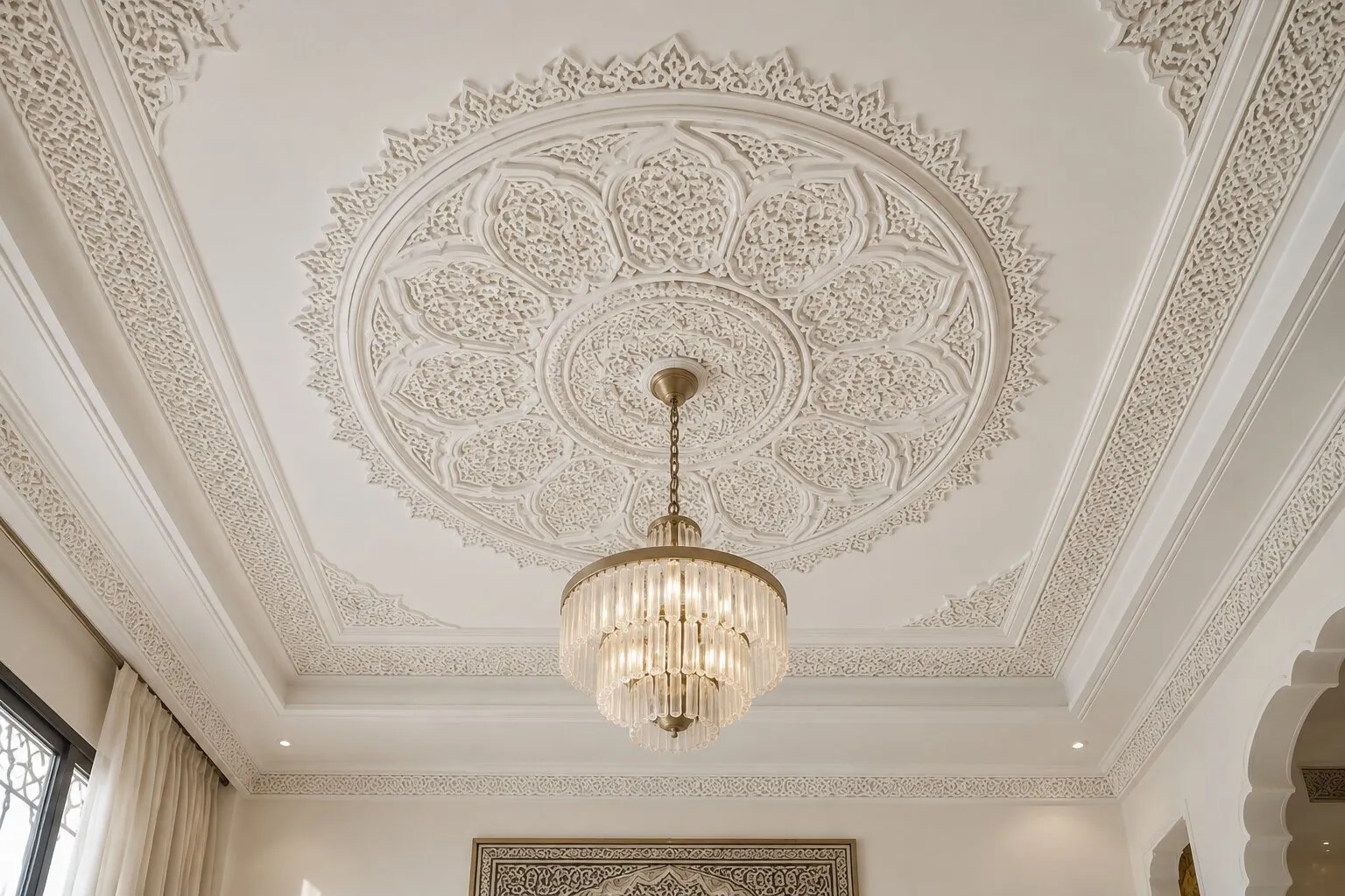 Rosace de plafond en plâtre autour du lustre
