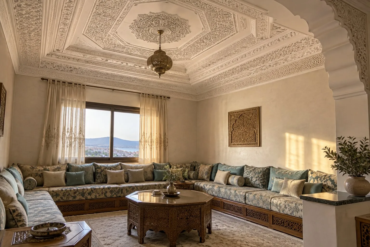 Salon marocain, plafond en plâtre sculpté (gebs)